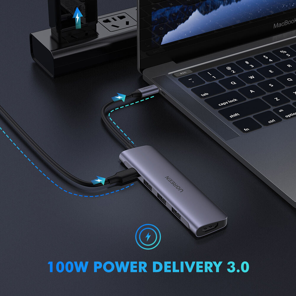 Hub USB UGREEN USB-C a HDMI con 3 Puertos USB-A y Carga 100W - contenido de la caja