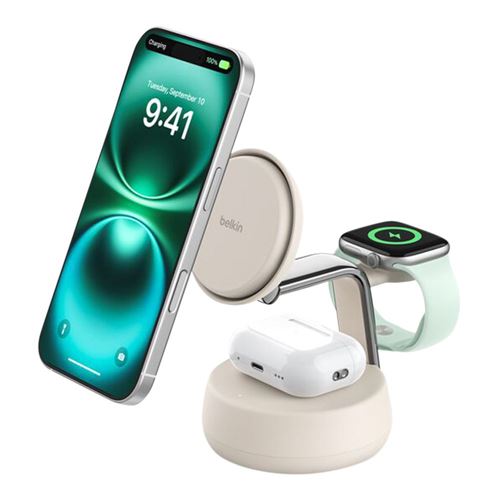 Belkin UltraCharge Pro 3-in-1 Magnetic Charging Dock with Qi2 25W -  Sand — vista 1