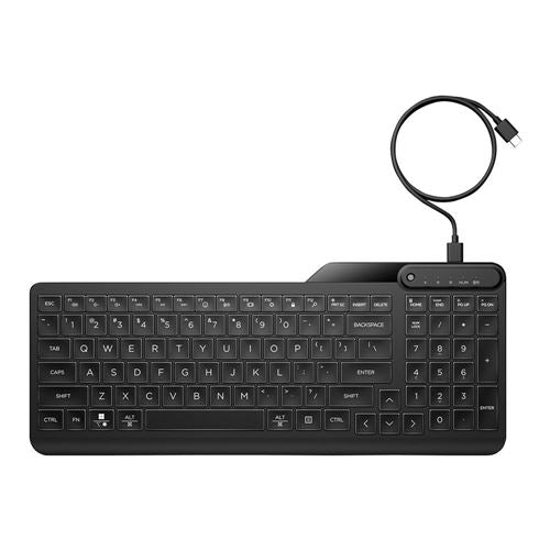 HP 400 Backlit Wired Keyboard - Black
 USB-C cord, USB-A adapter included — vista 1