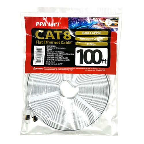 PPA 100 Ft. CAT 8 Bare Copper, 2000Mhz Flat Ethernet Cable - White — vista 2