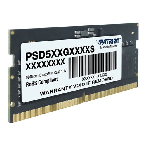 Patriot 32GB DDR5-5600 PC5-44800 CL46 Single Channel Laptop Memory Module PSD532G56002S - Black — etiqueta y especificaciones