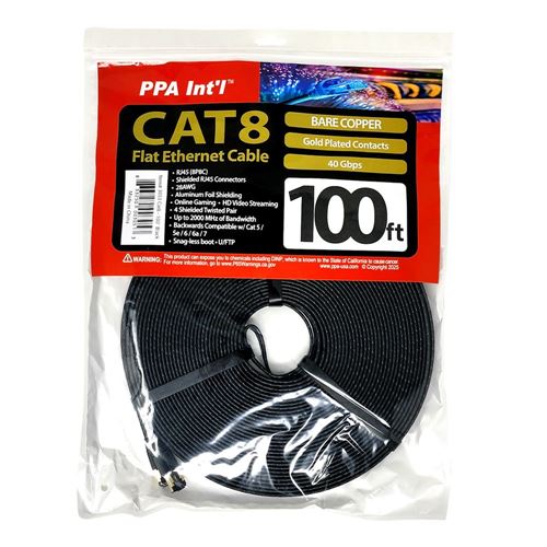 PPA 100 Ft. CAT 8 Bare Copper, 2000Mhz Flat Ethernet Cable - Black — vista 2