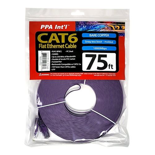 PPA 75 Ft. CAT 6 Snagless, Flat Ethernet Cable - Purple — vista 2