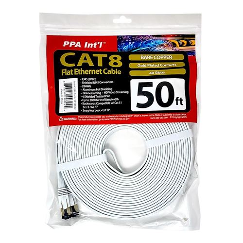 PPA 50 Ft. CAT 8 Bare Copper, 2000Mhz Flat Ethernet Cable - White — vista 2