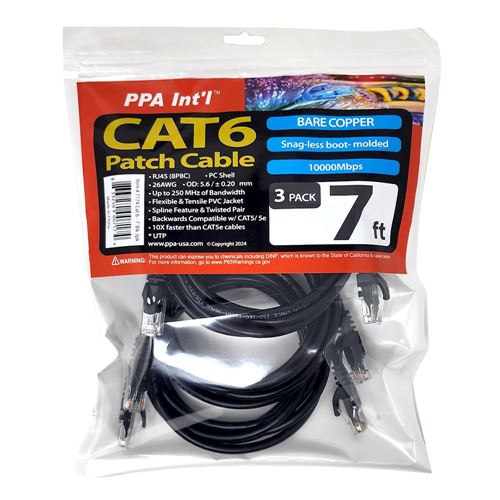PPA 7 Ft. CAT 6 Snagless Ethernet Cable 3 Pack - Black — vista 2