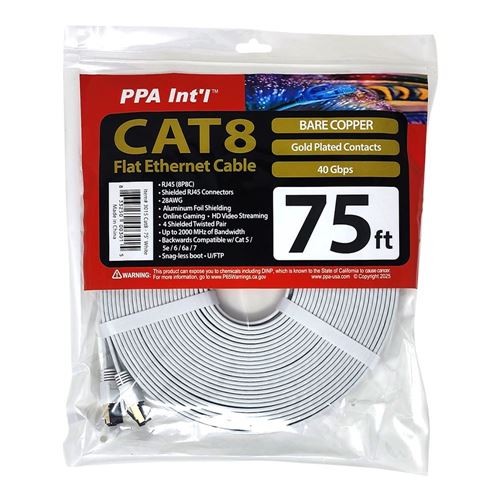 PPA 75 Ft. Flat CAT 8 Snagless Ethernet Cable - White — vista 2