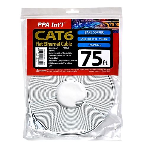 PPA 75 Ft. CAT 6 Bare Copper, 250Mhz Flat Ethernet Cable - White — vista 2