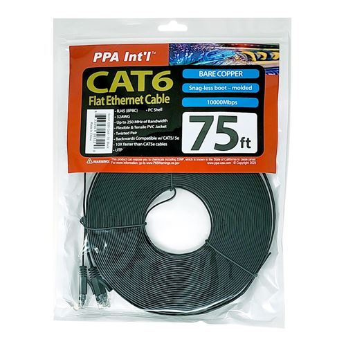 PPA 75 Ft. CAT 6 Bare Copper, 250Mhz Flat Ethernet Cable - Black — vista 2