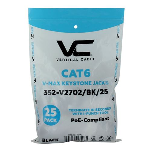 Vertical Cable CAT6 RJ45 Keystone Jack - Black (25 Pack) — vista 2