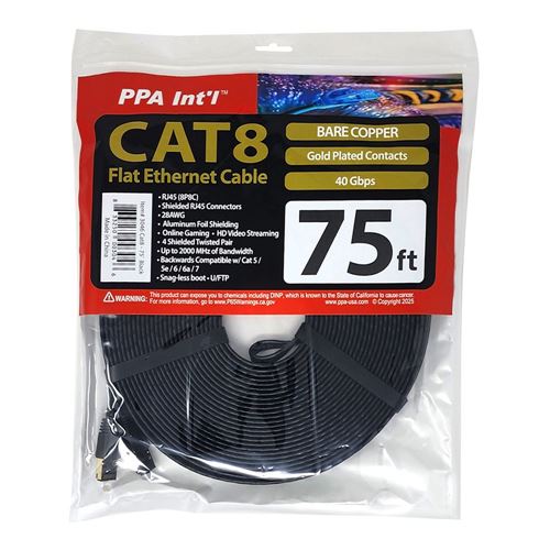 PPA 75 Ft. CAT 8 Bare Copper, 2000Mhz Flat Ethernet Cable - Black — vista 2