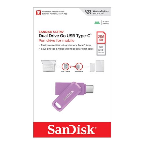 Sandisk 256GB Dual Drive Go SuperSpeed+ USB 3.1 (Gen 1) Flash Drive - Lavender — vista 3
