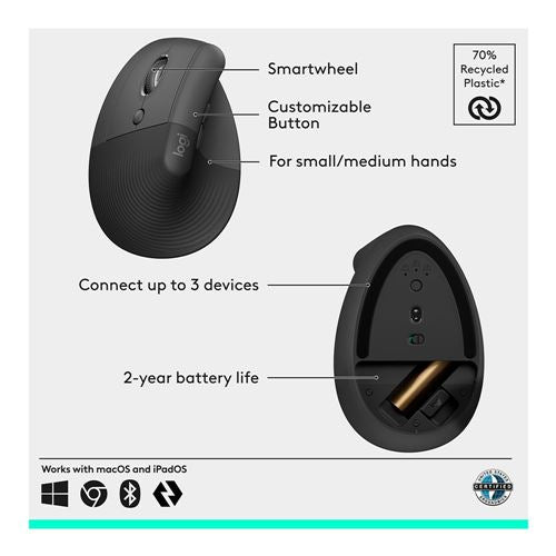Logitech Lift Vertical Ergonomic Wireless Mouse - Graphite
 Left Handed — vista 4