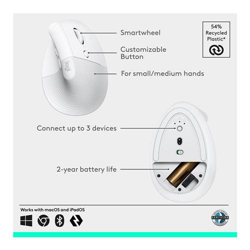Logitech Lift Vertical Ergonomic Wireless Mouse - Off White — vista 4