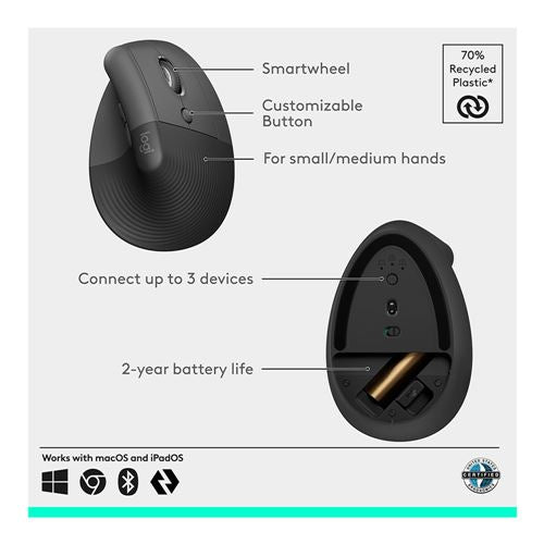 Logitech Lift Vertical Ergonomic Wireless Mouse - Black — vista 4
