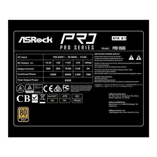 ASRock PRO-850G 850 Watt 80 Plus Gold ATX Non-Modular Power Supply - ATX 3.1 Compatible — vista 5