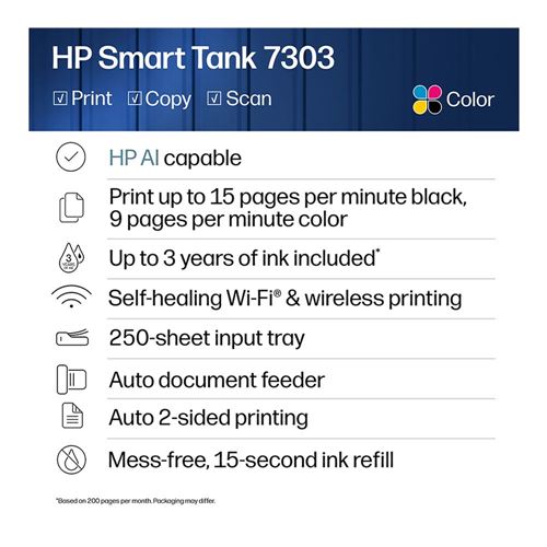 Impresora Multifuncional HP Smart Tank 7303 Tinta Continua Wi-Fi Ethernet Dúplex con ADF — vista en diagonal