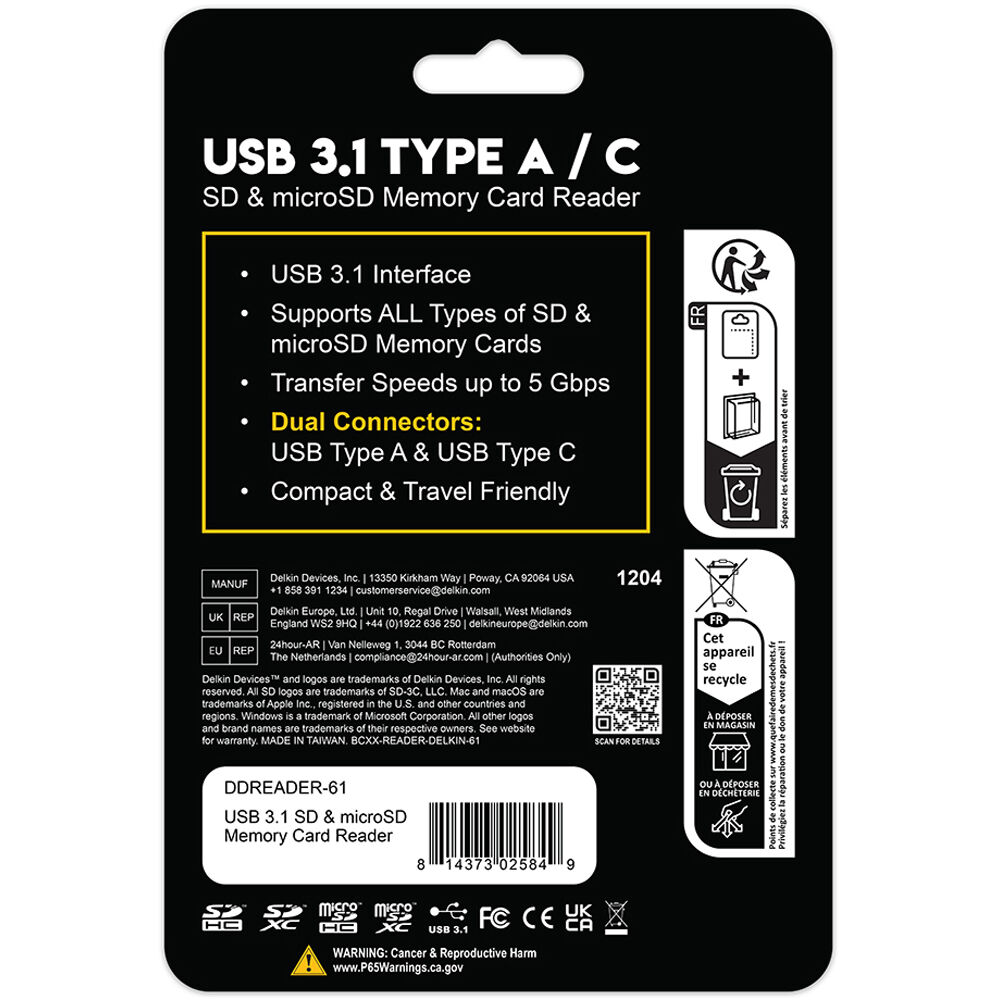 Lector de Tarjetas Delkin Devices USB 3.2 Gen 1 SD & microSD (USB-C / USB-A) - puertos y conexiones