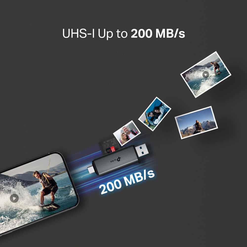 Lector de Tarjetas TP-Link UA430D SD & microSD (USB-C / USB-A) - en uso