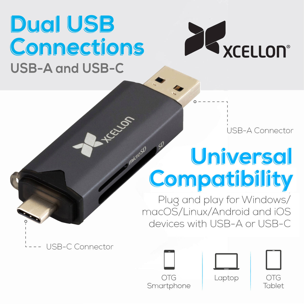Lector de Tarjetas Xcellon Dual USB 3.2 Gen 1 - vista frontal