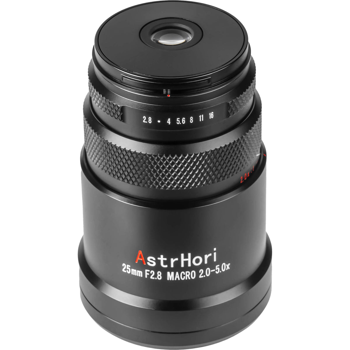 Lente AstrHori 25mm f/2.8 2-5x Ultra Macro (Plateado) - vista frontal
