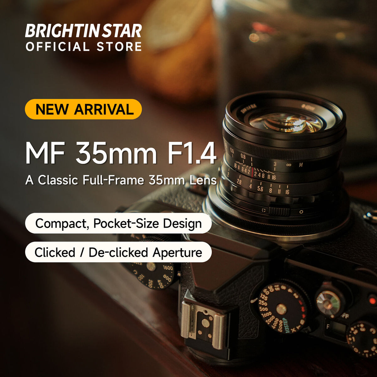 Lente Brightin Star 35mm f/1.4 (Plateado) - contenido de la caja