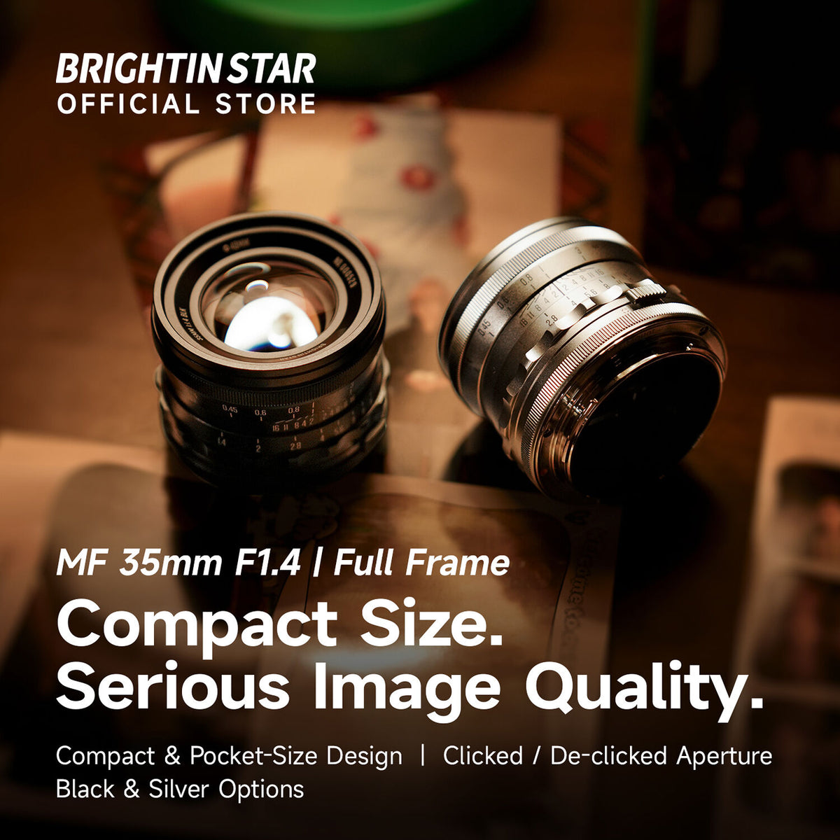 Lente Brightin Star 35mm f/1.4 (Plateado) - en uso