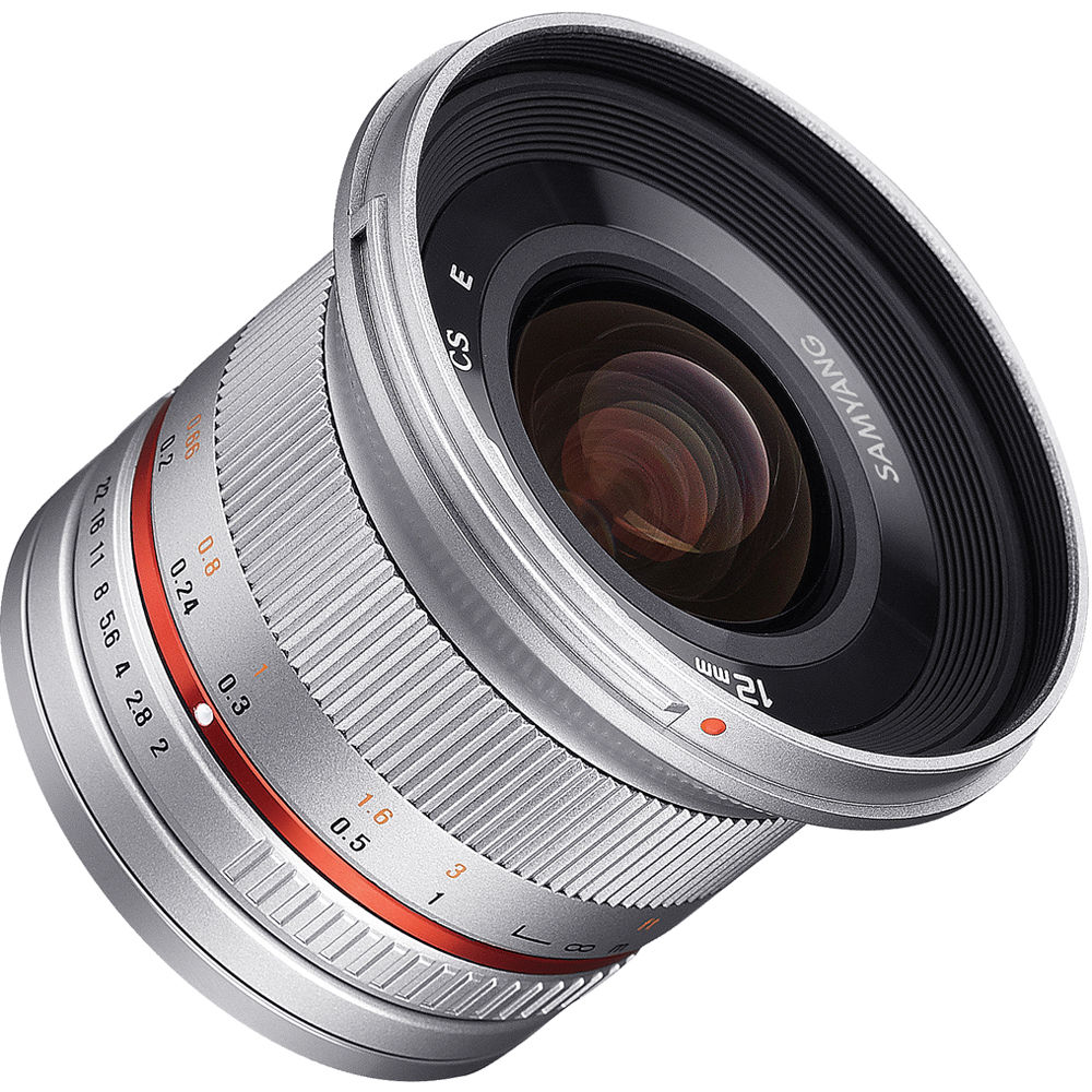 Lente Samyang 12mm f/2.0 NCS (Plateado) - vista frontal