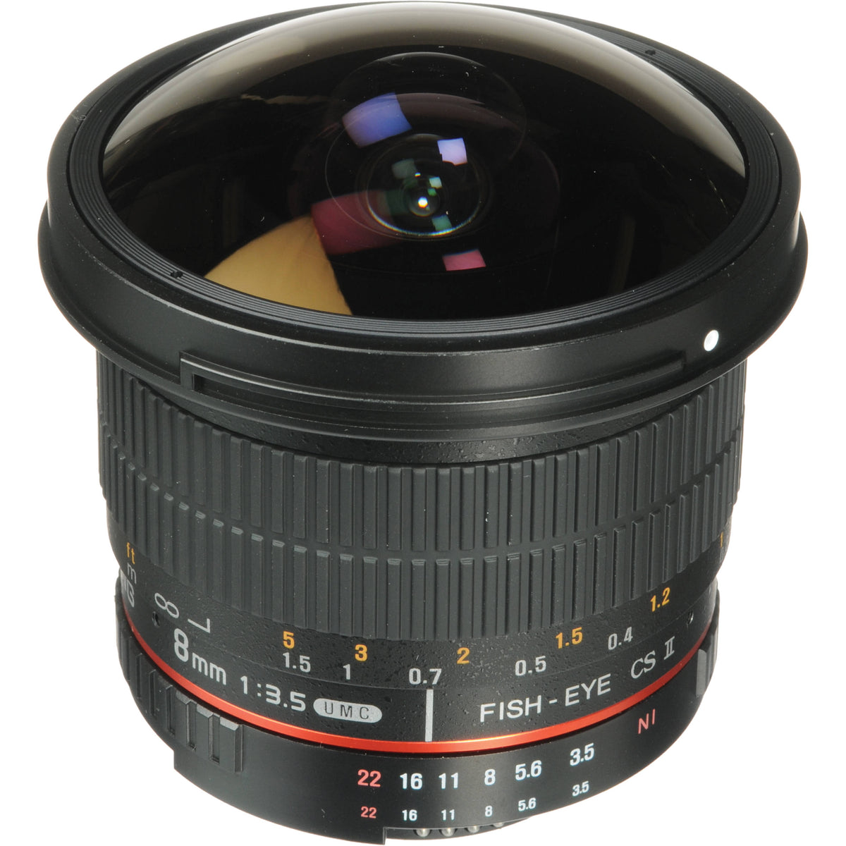 Lente Samyang 8mm f/3.5 HD Fisheye con parasol desmontable - vista frontal