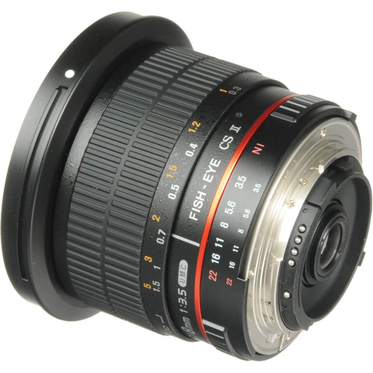Lente Samyang 8mm f/3.5 HD Fisheye con parasol desmontable - vista trasera