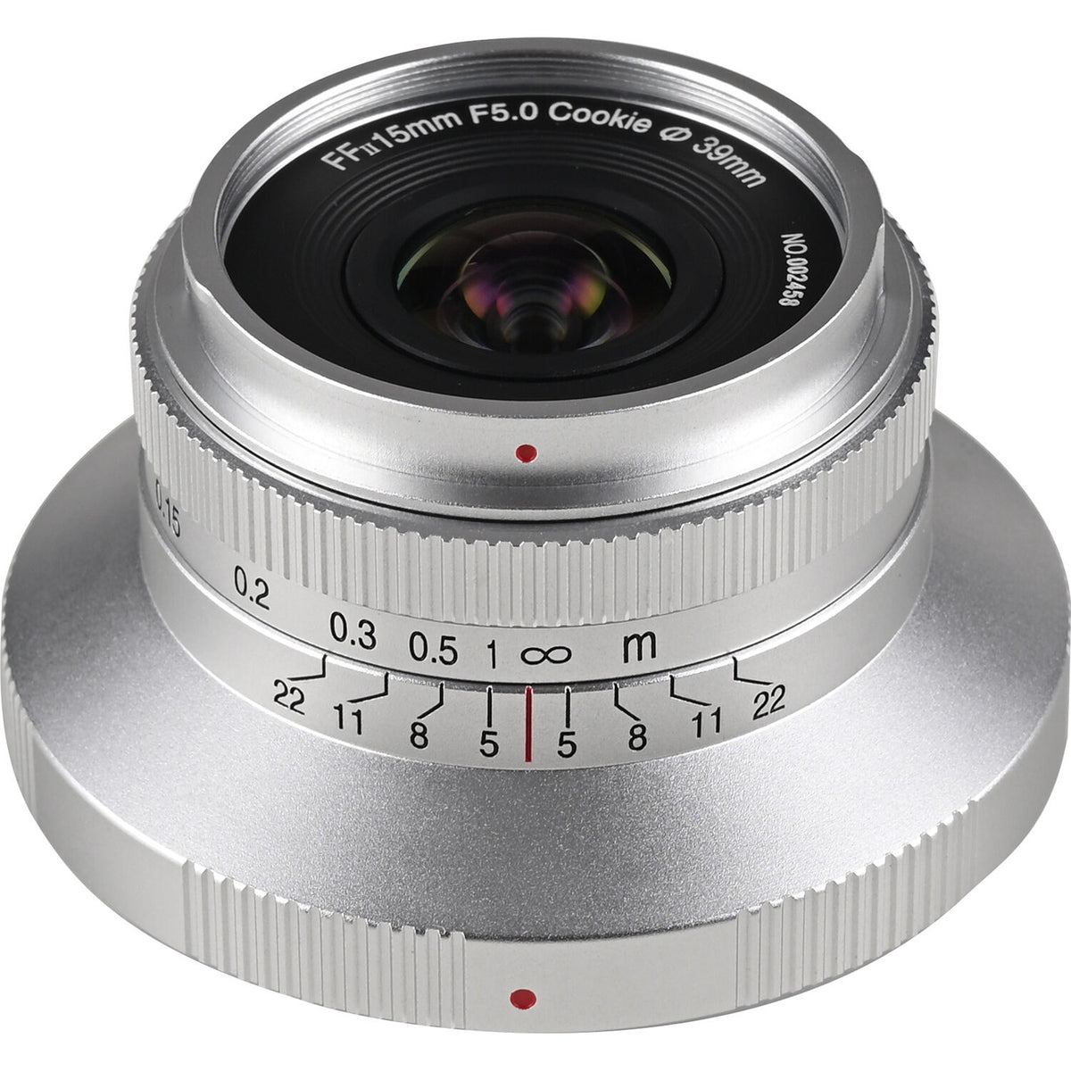 Lente Venus Optics Laowa 15mm f/5 Cookie (Plateado, Auto-Aperture) - vista frontal