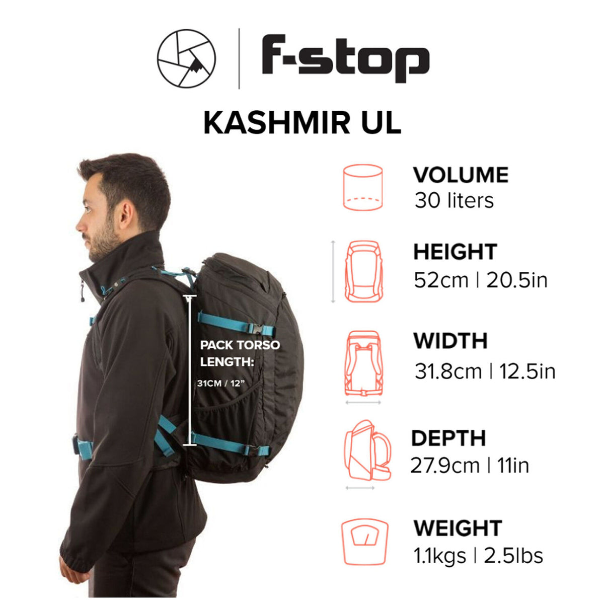 Mochila f-stop Kashmir UL 30L Essentials Bundle (Negro/Azul) - contenido de la caja