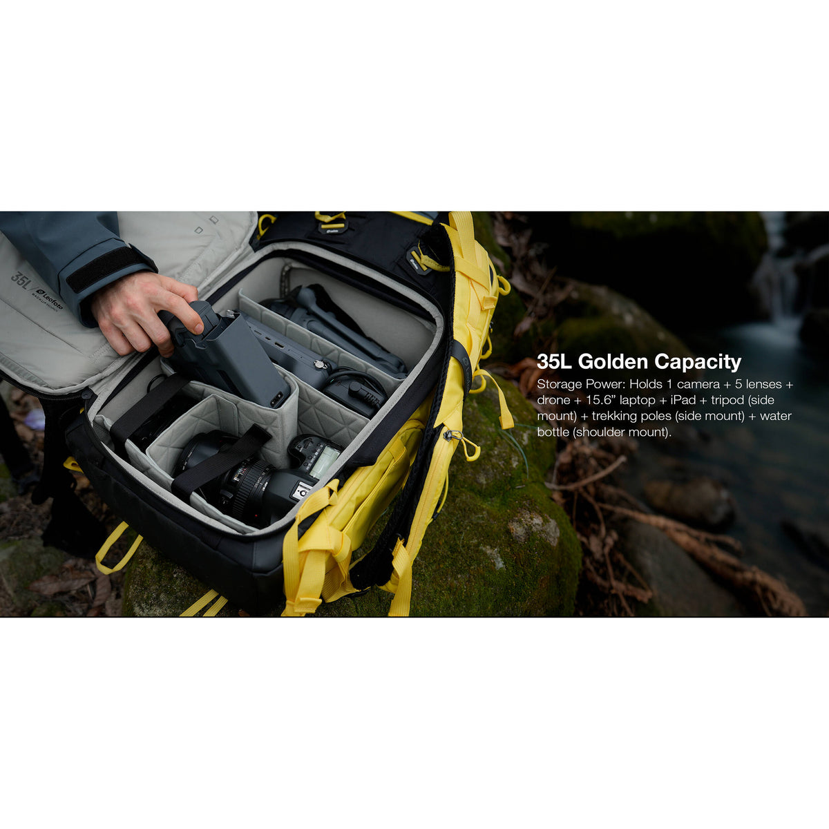 Mochila Leofoto todo en uno de viaje con Grande inserto (Negro, 35L) - puertos y conexiones