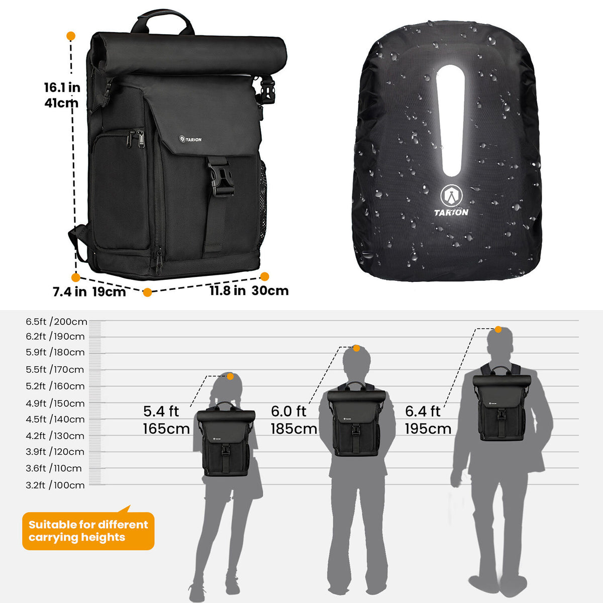 Mochila TARION SP-01 Rolltop (Negro, 20.5L) - detalle