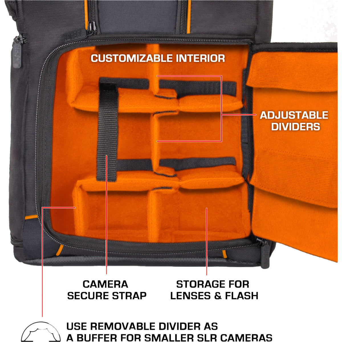 Mochila USA GEAR S17 DSLR (Negro/Naranja interior) - vista trasera