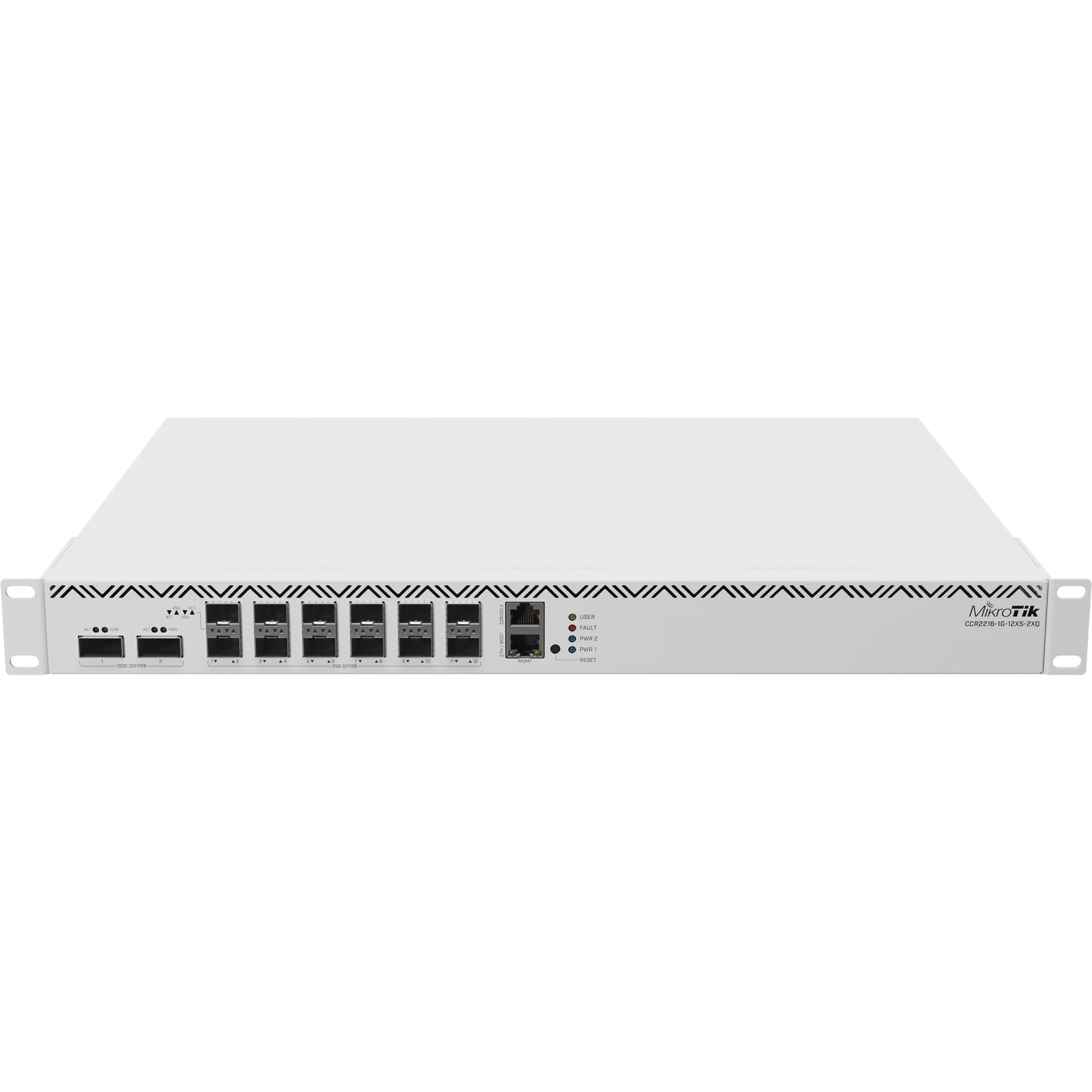 Router MikroTik Cloud Core CCR2216-1G-12XS-2XQ 15-Port SFP28 / QSFP28 Multi-Gig Router - vista frontal