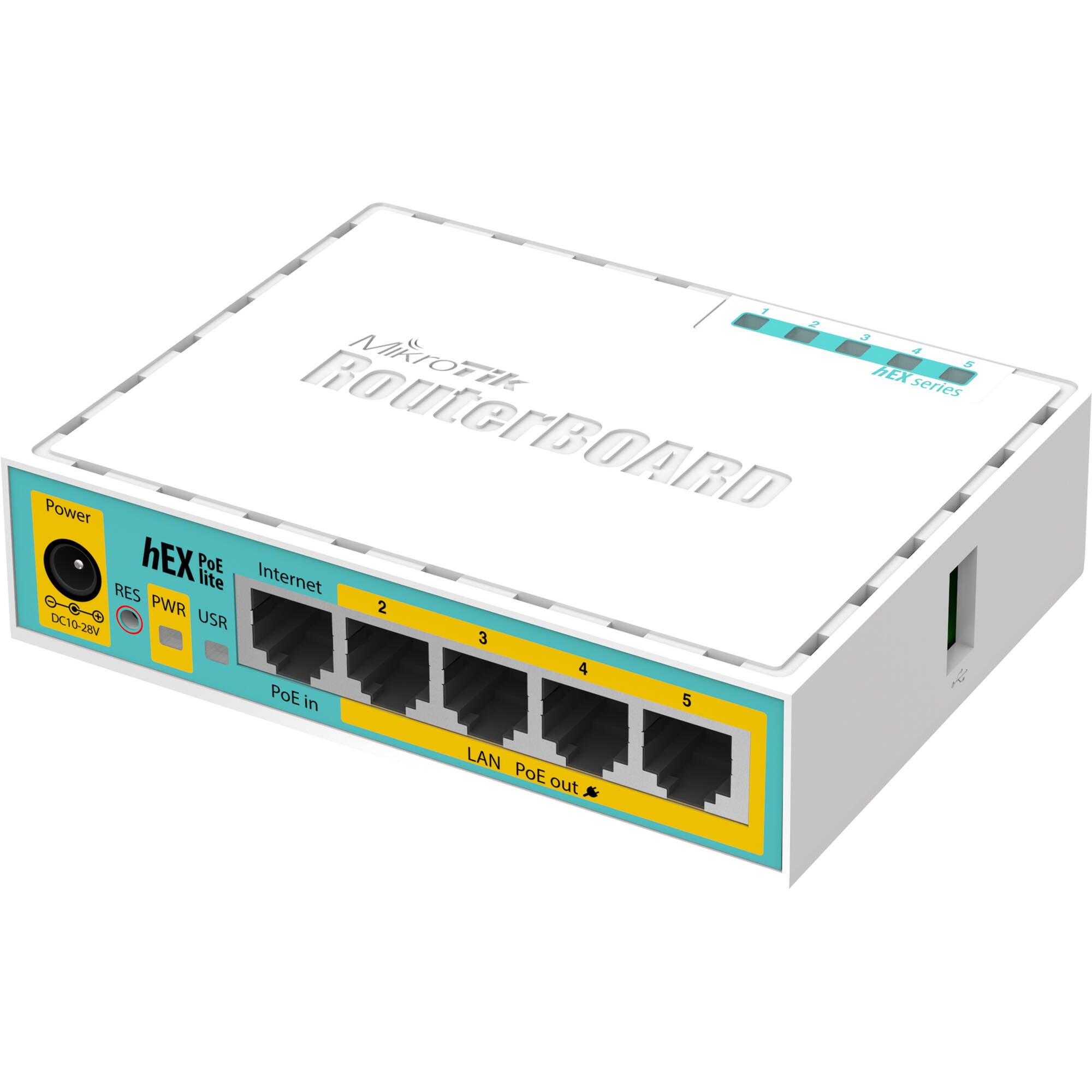Router MikroTik hEX PoE lite 4-Port 100Mb Passive PoE Wired Router - vista frontal