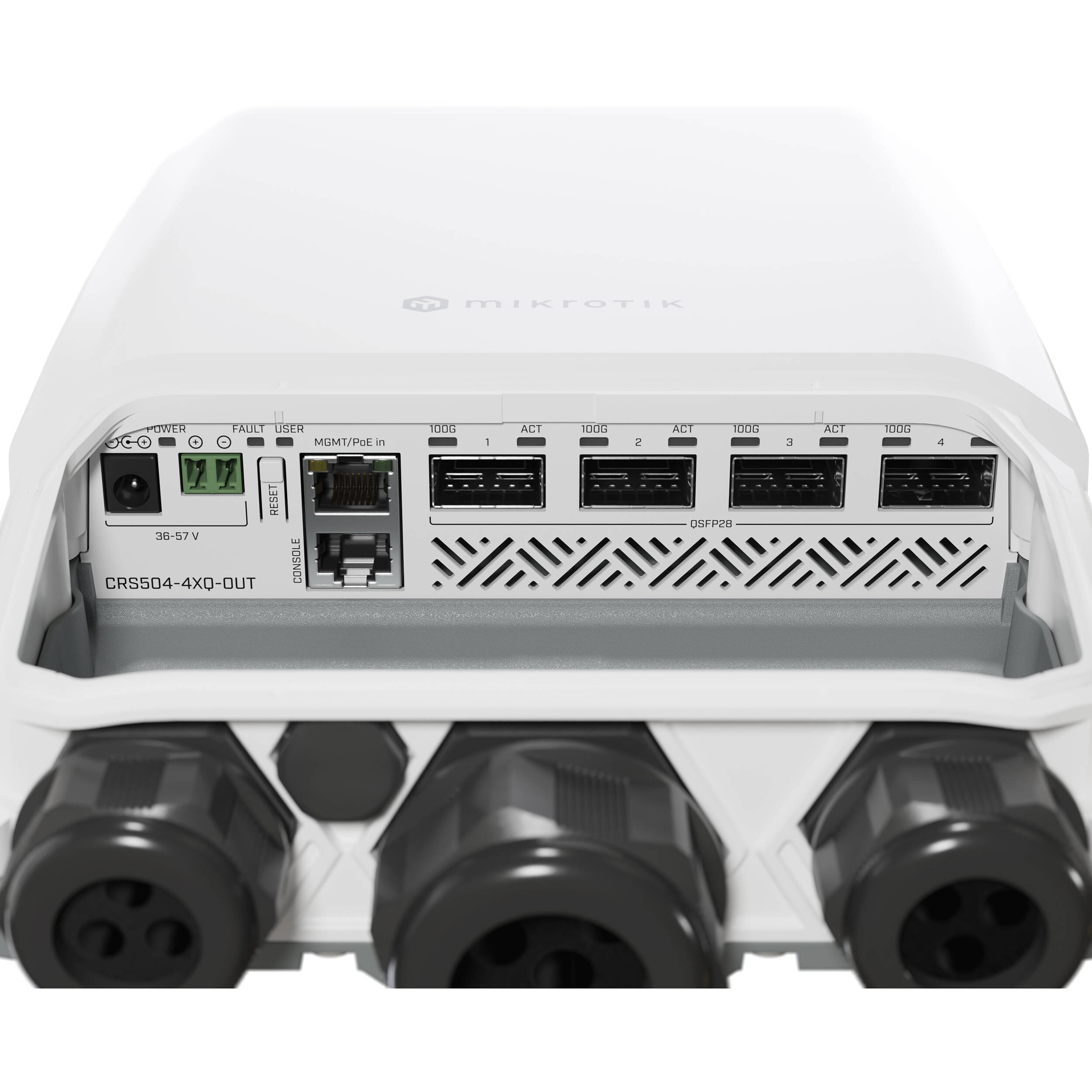 Switch de Red MikroTik CRS504-4XQ-OUT 4-Port 100G QSFP28 Managed Outdoor Network Switch - vista frontal