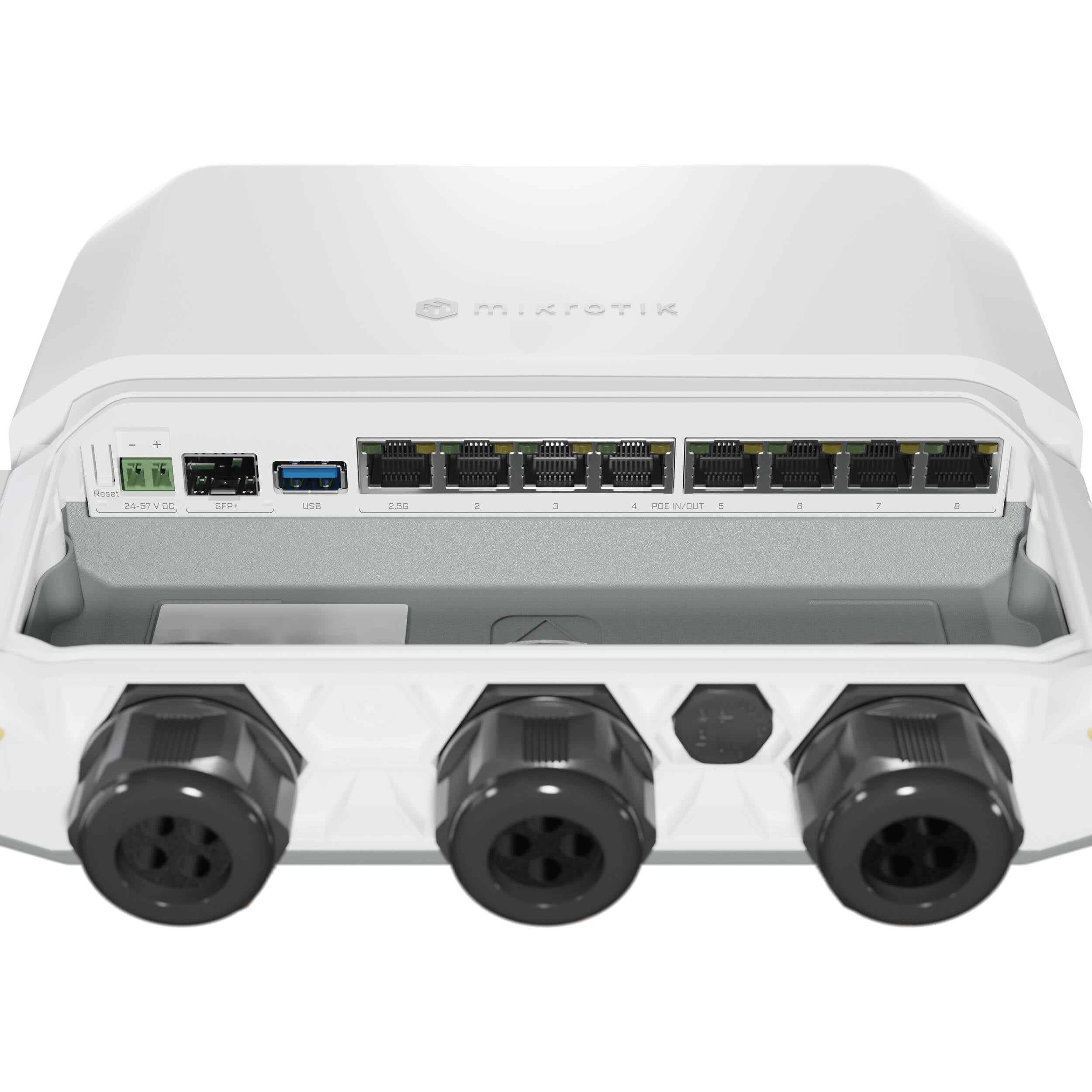 Switch de Red MikroTik RB5009UPr+S+OUT 8-Port Multi-Gig PoE+ Compliant Outdoor Managed Network Switch - vista trasera