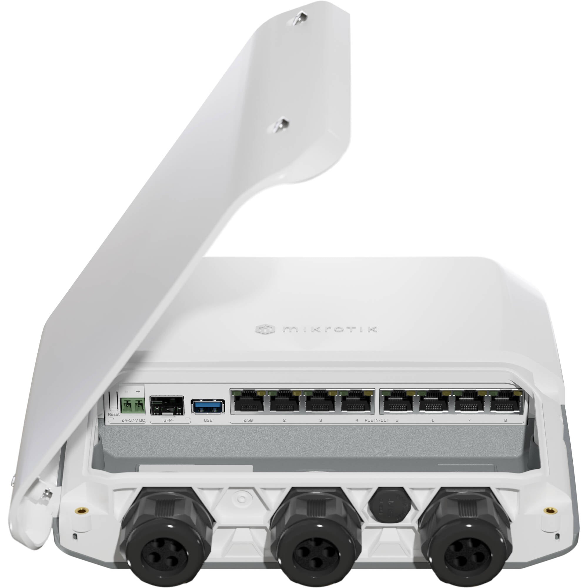 Switch de Red MikroTik RB5009UPr+S+OUT 8-Port Multi-Gig PoE+ Compliant Outdoor Managed Network Switch - puertos y conexiones