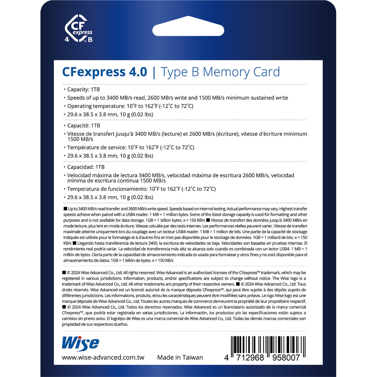 Tarjeta CFexpress Type B Wise Advanced 1TB CFexpress 4.0 Type B - vista trasera