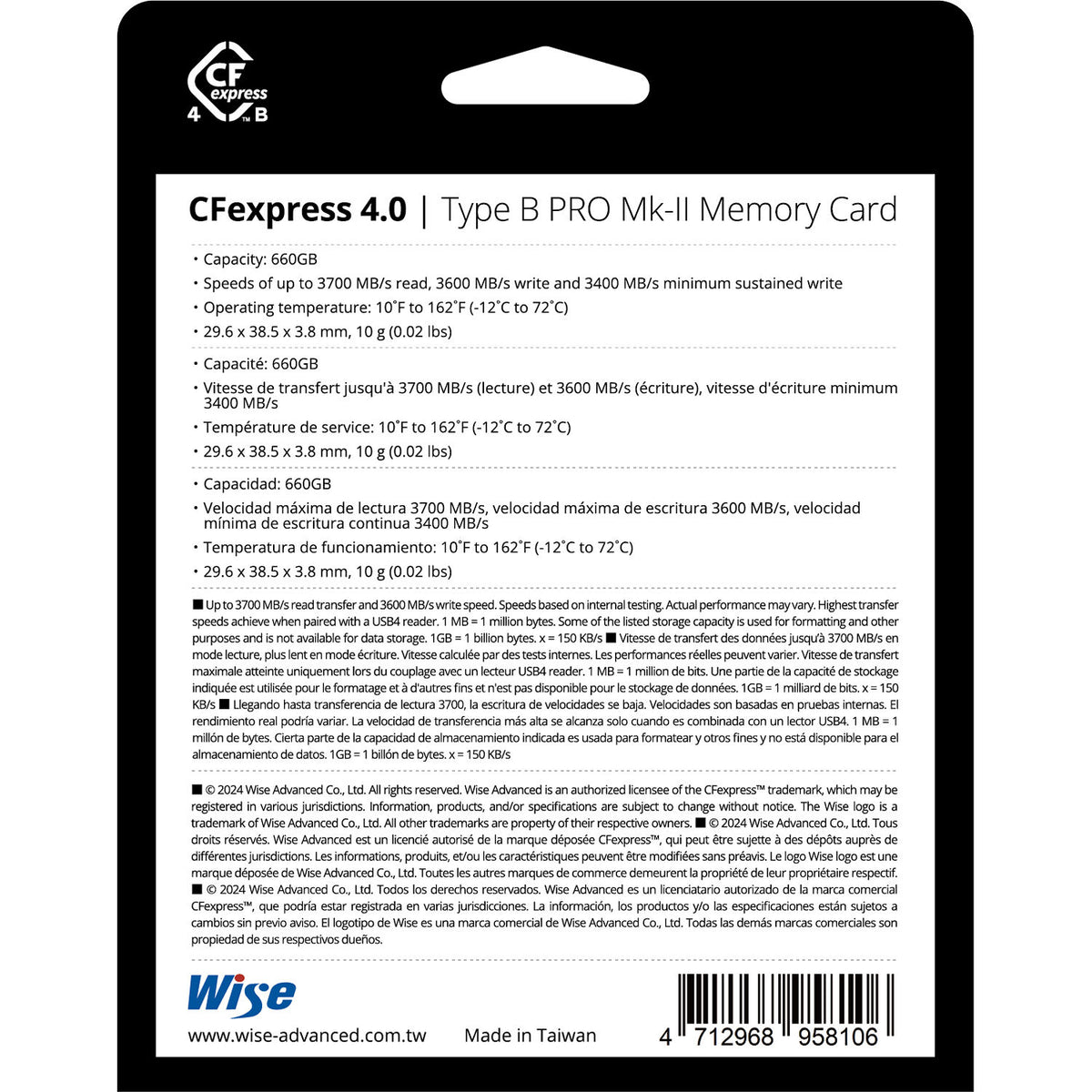 Tarjeta CFexpress Type B Wise Advanced 660GB CFexpress 4.0 Type B PRO Mark II - vista trasera