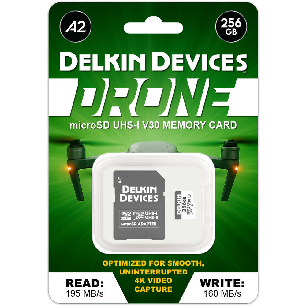 Tarjeta Delkin Devices 256GB Drone UHS-I microSDXC con SD Adapter - vista frontal