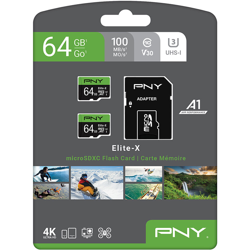 Tarjeta PNY 64GB Elite-X UHS-I microSDXC con SD Adapter (2-Pack) - contenido de la caja
