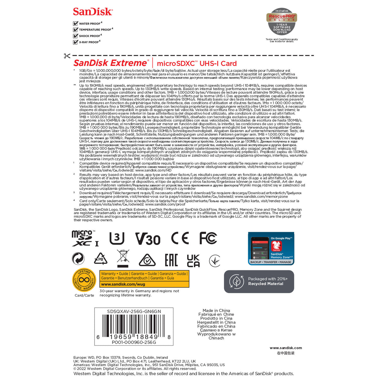 Tarjeta SanDisk 256GB Extreme UHS-I microSDXC (190 MB/s) - vista lateral