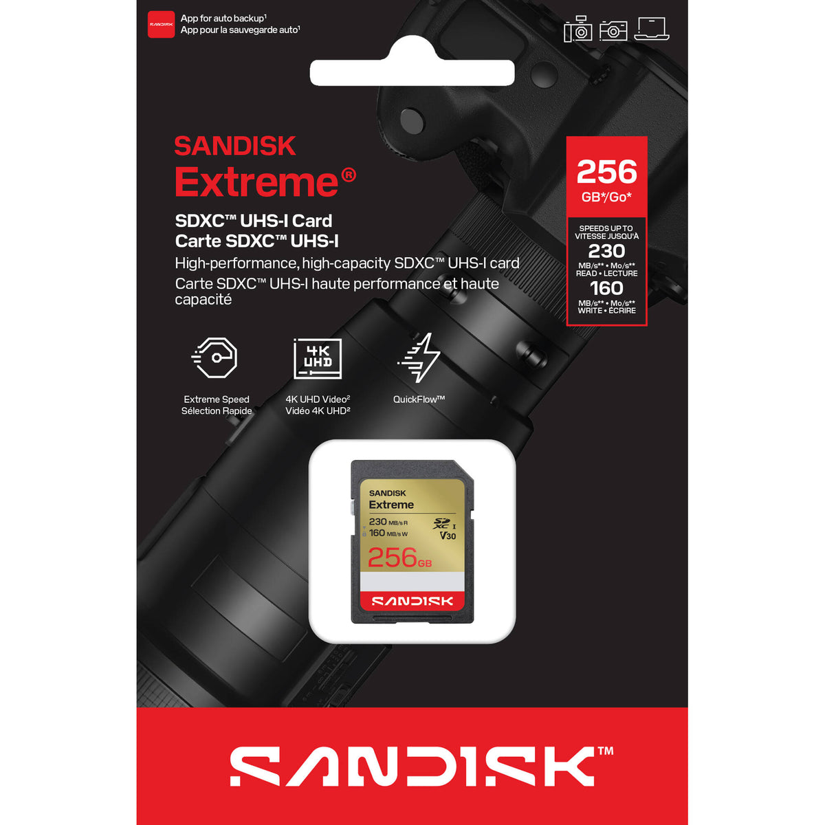 Tarjeta SanDisk 256GB Extreme UHS-I SDXC - vista lateral