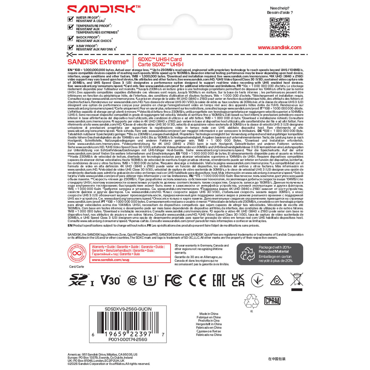 Tarjeta SanDisk 256GB Extreme UHS-I SDXC - puertos y conexiones