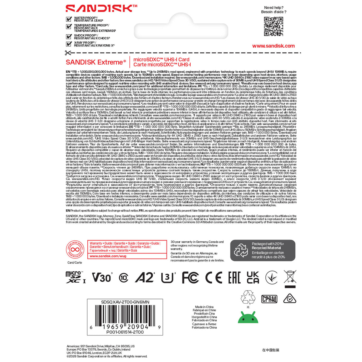 Tarjeta SanDisk 2TB Extreme UHS-I microSDXC (245 MB/s) - vista lateral