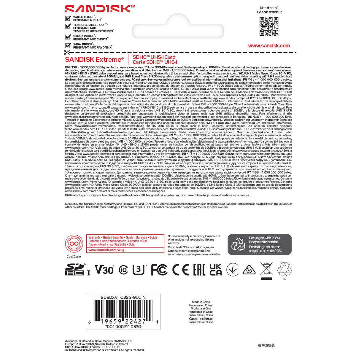 Tarjeta SanDisk 32GB Extreme UHS-I SDHC - puertos y conexiones