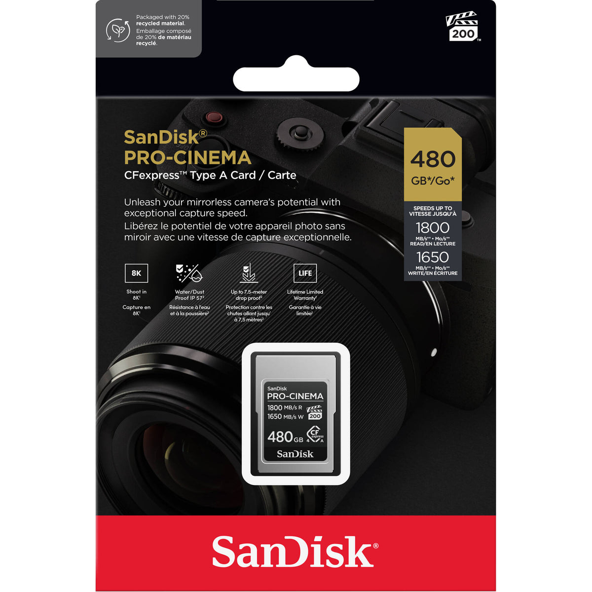 Tarjeta SanDisk 480GB PRO-CINEMA CFexpress Type A - vista lateral