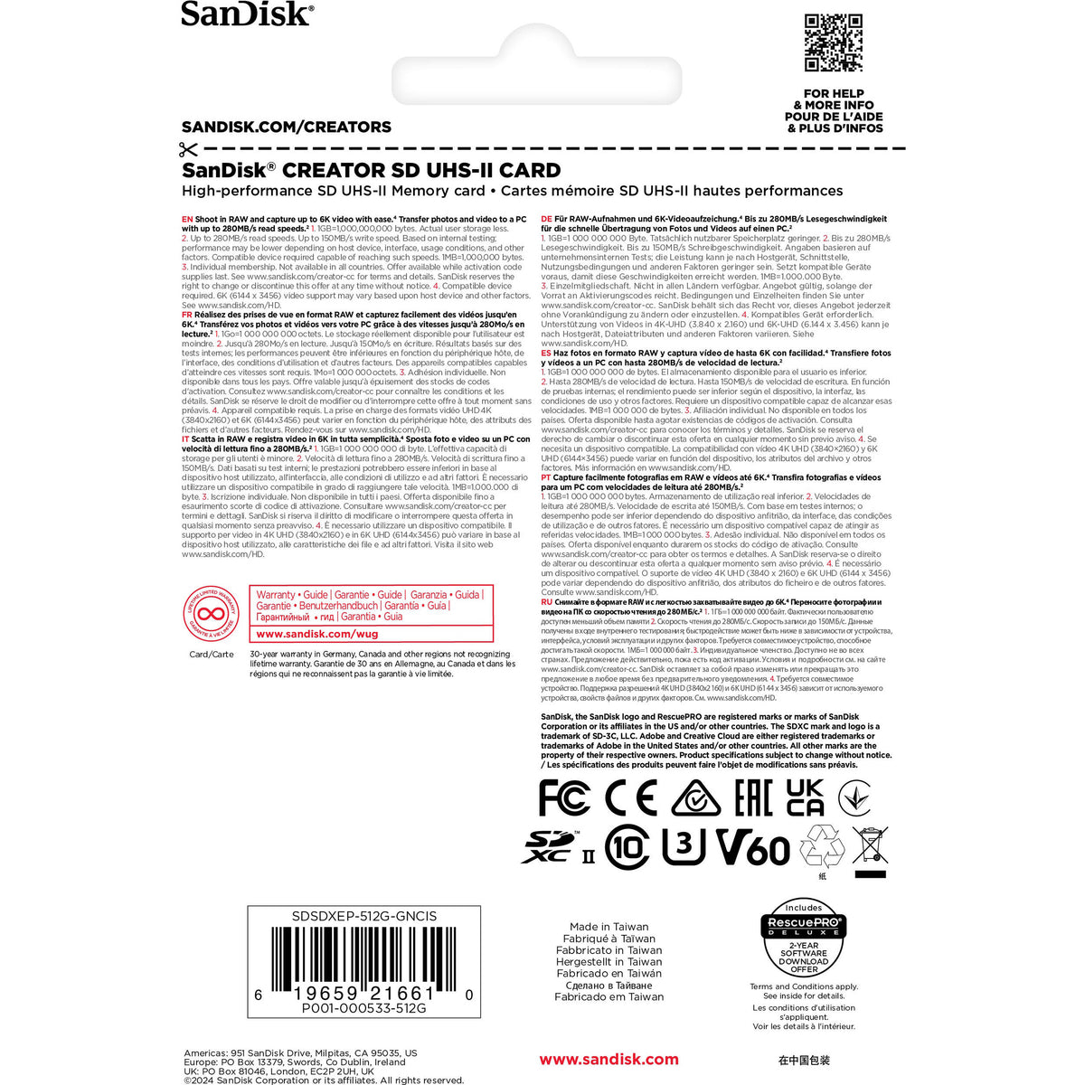 Tarjeta SanDisk 512GB Creator Serie UHS-II SDXC - vista lateral